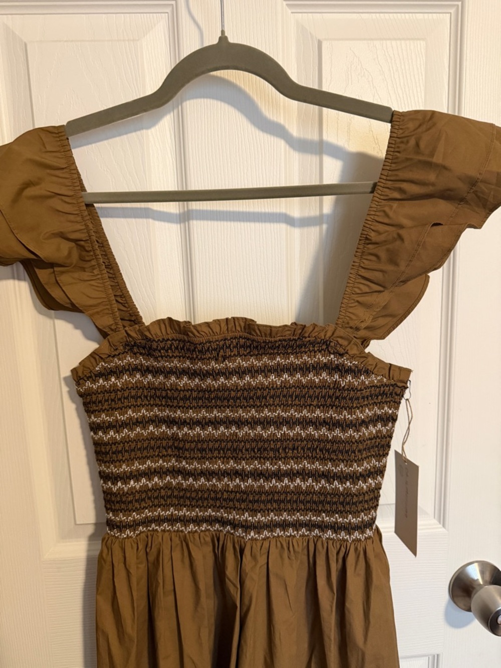 Moon River Smocked Midi Dress Size S Brown Ruffle Strap Cottagecore Romantic - Picture 6 of 7